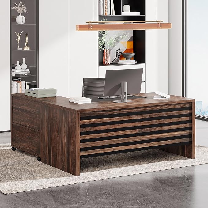 Tribesigns 62.2" Executive Desk with Mobile File Cabinet, L-Shaped Office Desk with Storage Shelves, Large Computer Table Business Workstation Set for Home Office, Dark Brown