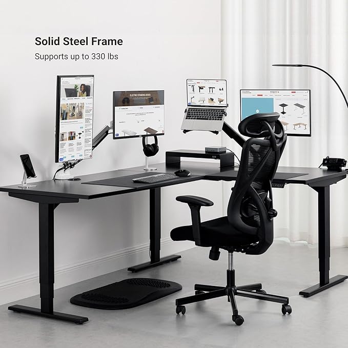 Progressive Desk Stand Up Height Adjustable Standing Desk - L Shaped 85" x 72" Corner Computer Rising Workstation Electric Table - White Frame, Gray Oak Top
