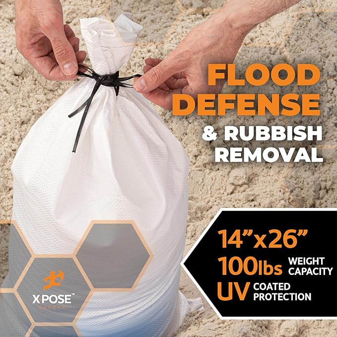 Xpose Safety Heavy Duty Sand Bags with Tie Strings – Empty Woven Polypropylene Sandbags for Hurricane Flood Protection, 100 lb Capacity, 14" x 26", White, Pack of 25