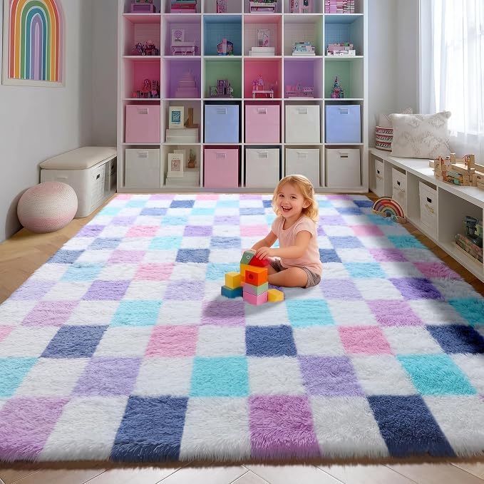 KICMOR Purple Rainbow Checkered Rugs