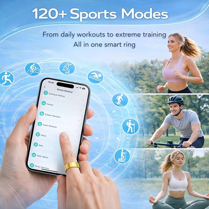 Smart Ring Health & Fitness Tracker for Men & Women – Sleep, Heart Rate, SpO₂, HRV & Stress Tracking – BP & Women Health Support, 180+ Sport Modes, IP68 Waterproof, No Subscription Fee (Gold, 11)