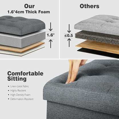 Storage Ottoman, Foot Rest Stool with Thicker Foam Padded Seat. 61L Slim Tall Foldable Linen Footstool Storage Bench Small Ottoman for Living Room, Bedroom. 350lbs Load Capacity, 17x13x17in, Dark Gray