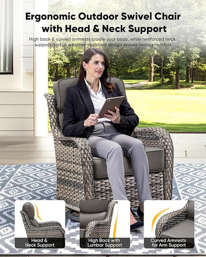 HUMMUH Outdoor Patio Wicker Swivel Rocker Chairs Set of 2 with 6-Inch Thick Cushion High Back Wicker Conversation Set for Porch Balcony Deck
