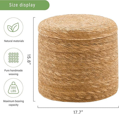 Wimarsbon 18'' Ottoman Pouf, Natural Braided Poof, Rustic Handweave Lounge Pouffe, Boho Footrest Stool for Bedroom, Accent Table for Living Room (Storage - 18inch Natural Cattail L)