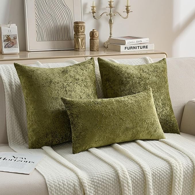FUTEI Moss Green Flannel Throw Pillow Covers 12x20 Inch Set of 2,Soft Dimensional Textured Lumbar Pillow Cases,Modern Home Decor for Couch Living Room