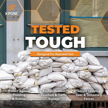Xpose Safety Heavy Duty Sand Bags with Tie Strings – Empty Woven Polypropylene Sandbags for Hurricane Flood Protection, 100 lb Capacity, 14" x 26", White, Pack of 10