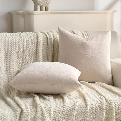 FUTEI Beige Velvet Throw Pillow Covers 24x24 Inch Set of 2,Soft Embossed Leaf-Relief Textured European Cushion Cases,Natural Home Decor for Couch Living Room