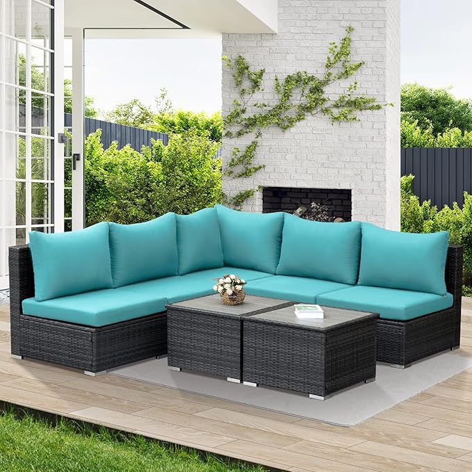 NICESOUL 7 Piece XL Large Modern Outdoor Furniture Sofa Set, 29.3'' High Back Wicker Patio Modular Sectional with Tables, All-Weather Deep Conversations for Backyard, 2 Color Cushion Turquoise & Gray