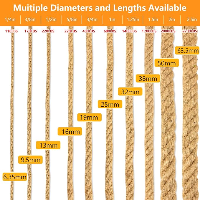 Manila Rope 1.25 Inch X 200 Ft, Hemp Rope 4 Strand Twisted, Natural Thick for Crafts Large Heavy Duty Multipurpose for Swing Bed, Camping, Tug of War, Docks, DIY Projects