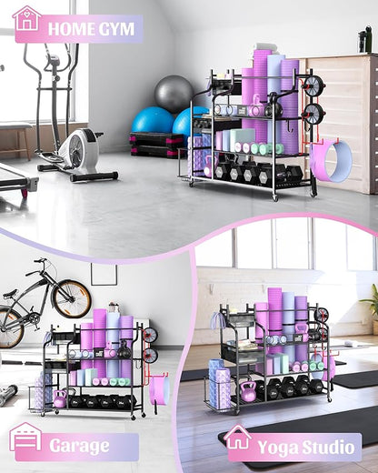 Mythinglogic Weight Rack for Dumbbells, Home Gym Storage for Yoga Mat Dumbbells Kettlebells and Strength Training Equipment, Dumbbell Rack with Wheels and Hanging Hooks