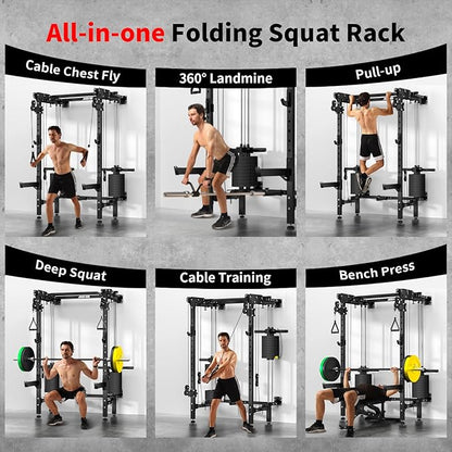 JEEKEE Folding Wall Mounted Power Rack with 180LB Weight Stack, 2400LB 2×3 Heavy Duty Squat Rack, Dual Cable Crossover System 1:1 Ratio, Functional Trainer for Home Gym Small Space,Black
