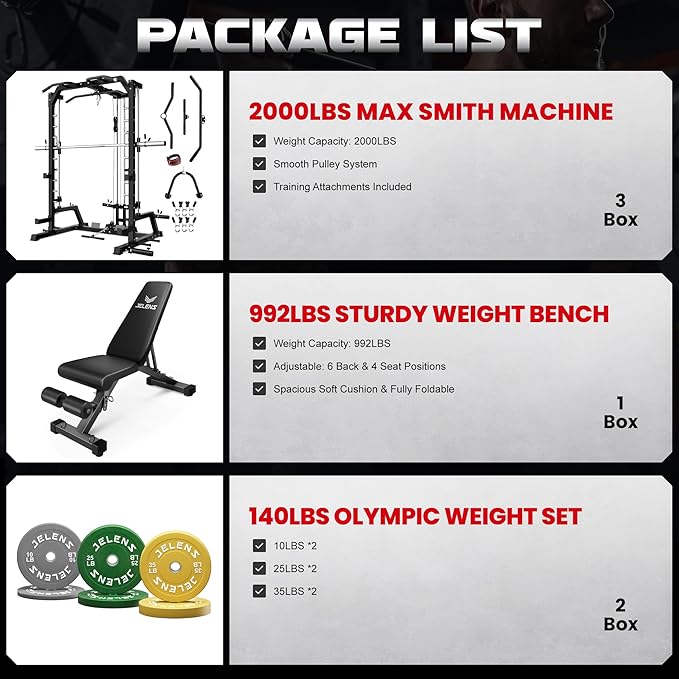 JELENS SR01 Smith Machine, 2000LBS Multi-Function Power Cage with LAT Pulldown System, All-in-One Home Gym Squat Rack with Smith Bar and Training Attachments for Full Body Workouts