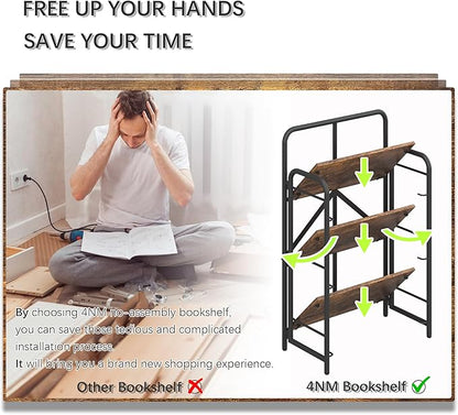4NM No Assembly Folding Bookshelf 3 Tiers Vintage Industrial Black Book Shelf Metal Foldable Storage Bookcase and Bookshelves for Living Room,Bedroom and Kitchen - Rustic Brown
