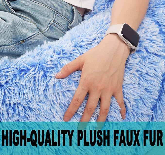 Fluffy Bean Bag Chair for Kids, 2.5FT Round Memory Foam Filled Bean Bag for Teens & Kids, Ultra Soft Faux Fur Fabric Bean Bag Chairs for Playroom, Living Room, Bedroom, Blue