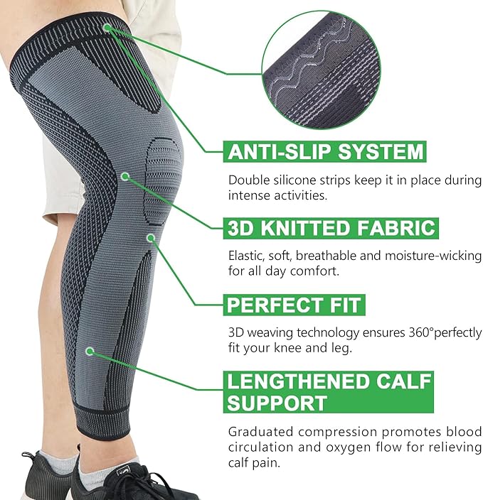 beister Full Leg Sleeve, Knee Braces for Knee Pain Women & Men, Knee Compression Sleeves, Knee Support for Meniscus Tear, ACL, Arthritis, Joint Pain Relief,Sport (Pair)