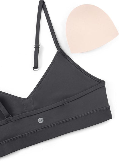 CRZ YOGA Butterluxe V-Neck Sports Bras for Women - Adjustable Thin Straps Padded Yoga Top Basic Wireless Camisole
