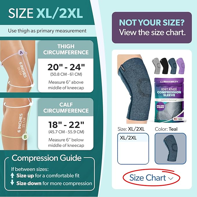 BraceAbility Knee Compression Sleeve - Knit Knee Pain Brace for Men or Women, Arthritis Relief, Meniscus Tear, Running, Workout, Sports, Swelling, Athletic Support for Joint Stability (Teal, XL/2XL)