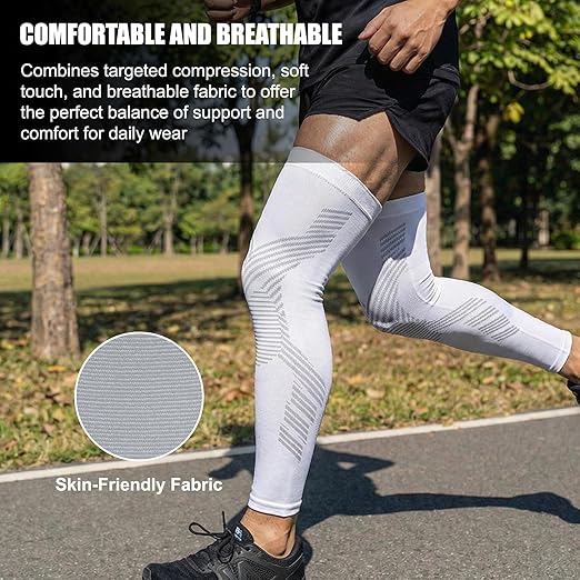 NuCamper Full Leg Compression Sleeves for Men and Women,2 Pack Legs Sleeves Long Knee Brace Support for Running, Basketball, Cycling, Workout, Sports - White,L