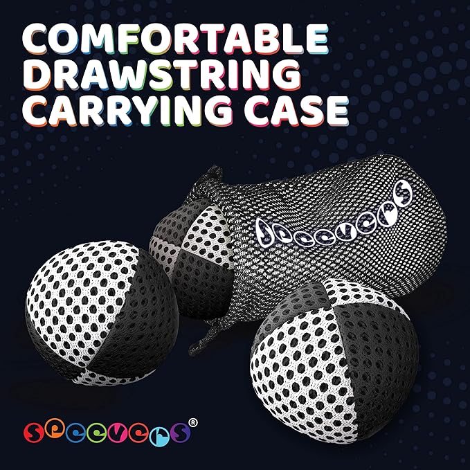 speevers Juggling Balls for Beginners and Professionals Set of 3, 14 Colors Available, 2 Layers of Net and Carry Case, Xballs Juggling Balls (Black - White, 2.5 oz)