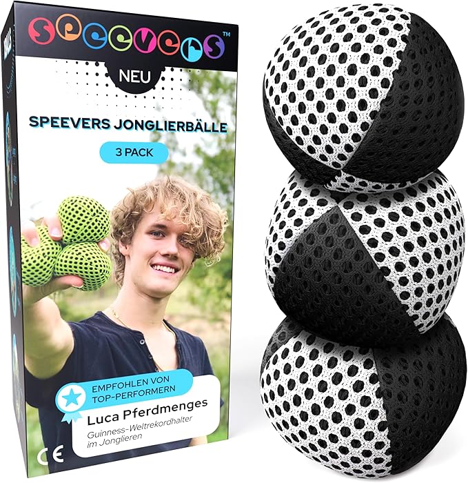 speevers Juggling Balls for Beginners and Professionals Set of 3, Juggling Bean Bags 14 Colors Available, 2 Layers of Net and Carry Case, Original Xballs Juggling Balls (Black - White, 4.2 oz)