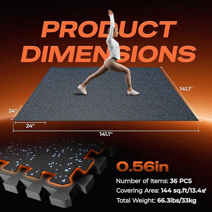 SUPERJARE 0.56'' Thick 36 Pcs 144 Sq Ft Rubber Top Exercise Equipment Mats, High Density EVA Foam Mats with Rubber Top, Interlocking Gym Flooring for Home Gym, Protective Workout Mat, Black/Blue