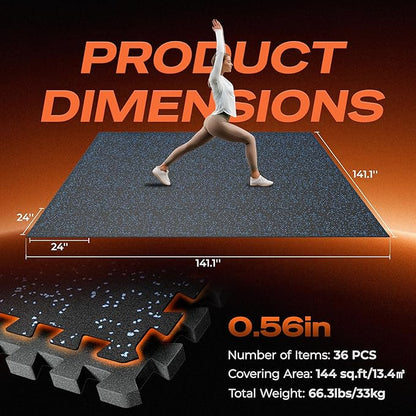 SUPERJARE 0.56'' Thick 36 Pcs 144 Sq Ft Rubber Top Exercise Equipment Mats, High Density EVA Foam Mats with Rubber Top, Interlocking Gym Flooring for Home Gym, Protective Workout Mat, Black/Blue