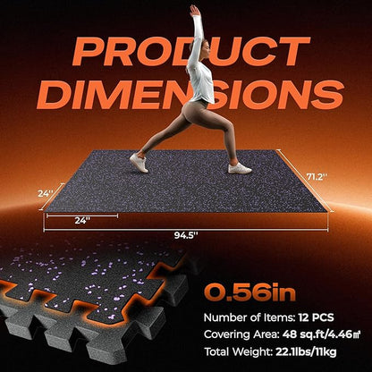 SUPERJARE 0.56'' Thick 12 Pcs 48 Sq Ft Rubber Top Exercise Equipment Mats, High Density EVA Foam Mats with Rubber Top, Interlocking Gym Flooring for Home Gym, Protective Workout Mat, Black/Purple