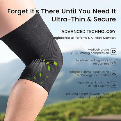 Knee Compression Sleeves, 1 Pair, Can Be Worn Under Pants, 20-30mmHg Strong Support Knee Brace for Unisex, Knee Support for Meniscus Tear, Arthritis, Pain Relief, Injury Recovery, Daily Wear, Black L
