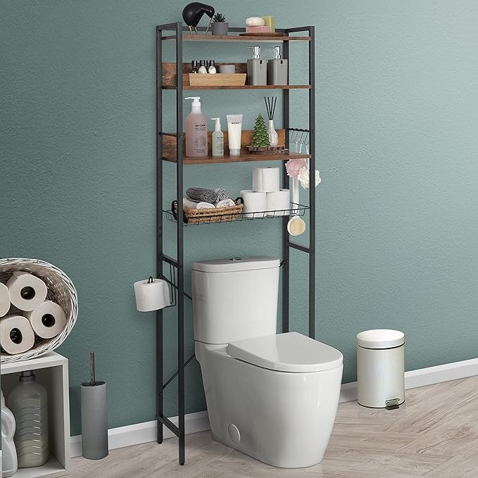 CAPHAUS Over The Toilet Storage, 4-Tier Bathroom Organizer, Freestanding Toilet Shelf, Multifunctional Space Saver Toilet Rack with 4 Hooks, Laundry Organizer, Plant Stand for Balcony (Rustic Oak)