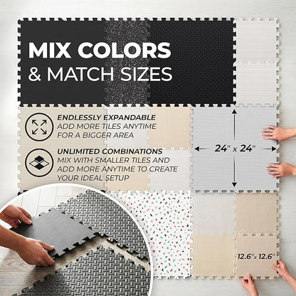 bemaxx Gym Mats Set - 12 pcs EVA Interlocking Foam Floor Tiles (24.4"x24.4"x0.4") 48 sqft Protective Gym Flooring Sports Home Workout Exercise Mats Puzzle Garage Fitness Play-Room Pool Treadmill Bike