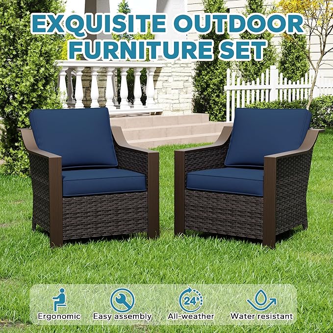Outdoor Armchairs Set of 2, Patio Metal Wicker Conversation Furniture Set, Premium & Washable Cushions, Durable PE Rattan, Metal Armrests with Wood Grain, Backyard (Navy Blue)
