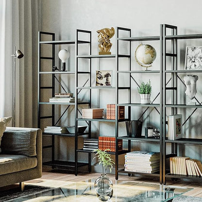 IRONCK Bookcases and Bookshelves Triple Wide 5 Tiers Industrial Bookshelf, Large Etagere Bookshelf Open Display Shelves with Metal Frame for Living Room Bedroom Home Office