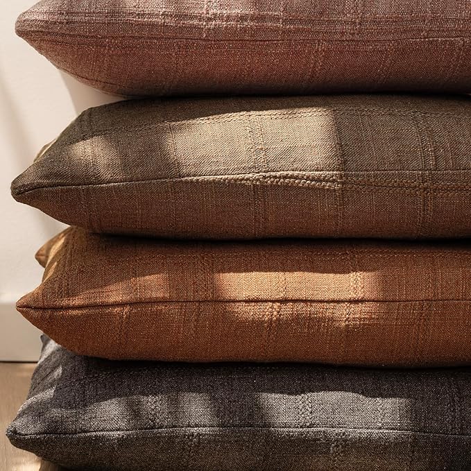 Foindtower Set of 2 Decorative Linen Check Throw Pillow Covers Neutral Farmhouse Vintage Cushion Covers Modern Boho Home Decor for Sofa Chair Couch Bedroom Living Room,26×26 Inch,Orange