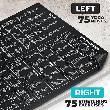 Extra-Large Instructional Yoga Mat with Poses Printed On It - 3X Bigger & 2X Wider than Regular Workout Mats - 150 Illustrated Yoga Poses and Stretches - Wide, Non-Slip, Barefoot Exercise Mat