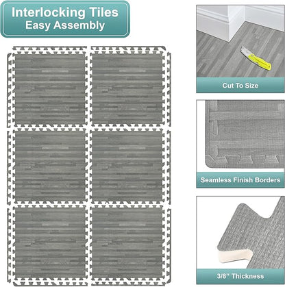 Sorbus 120 Sq. Ft. Wood Grain Floor Tiles Foam Mat EVA Interlocking Mats Tile 3/8-Inch Thick Flooring Wood Puzzle Exercise Mats w/Borders - Home Playroom Basement, Apartment, Trade Show, Baby, Dance