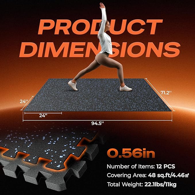 SUPERJARE 0.56'' Thick 12 Pcs 48 Sq Ft Rubber Top Exercise Equipment Mats, High Density EVA Foam Mats with Rubber Top, Interlocking Gym Flooring for Home Gym, Protective Workout Mat, Black/Blue