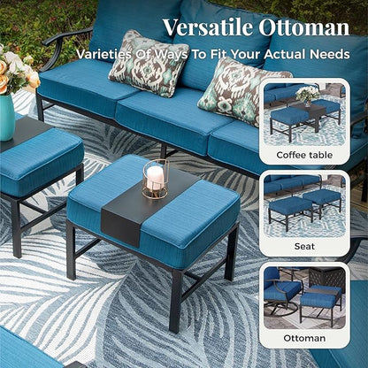 Patio Furniture Set, 6 Pcs Metal Outdoor Conversation Set, 2 Swivel Chairs, 2 Ottomans and 3 Seater Sofa with 5.75" Extra Thick Cushion and Gas Fire Pit Table, Gemstone Blue