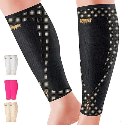 Copper Calf Compression Sleeves for Men & Women - High Stretch Graduated Compression with Anti-Slip Grip | Breathable & Smooth Lining Footless Design for Runners, Shin Splints, Leg Fatigue & Travel (1 Pair)