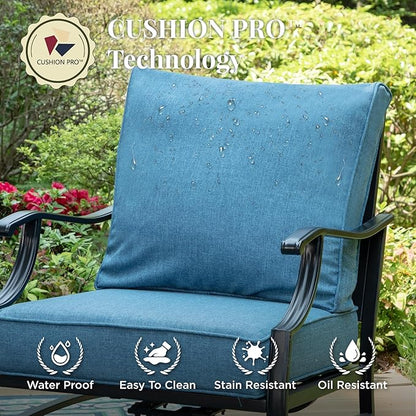 Patio Furniture Set, 6 Pcs Metal Outdoor Conversation Set, 2 Swivel Chairs, 2 Ottomans and 3 Seater Sofa with 5.75" Extra Thick Cushion and Gas Fire Pit Table, Navy Blue