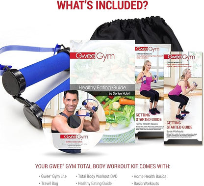 Gwee Gym - Resistance Bands Exercise Kit, LITE, Blue Exercise Bands, Build Lean Muscle with Workout Bands, Easily Portable, Includes an Accessory Kit, DVD, Travel Bag & Healthy Eating e-Book