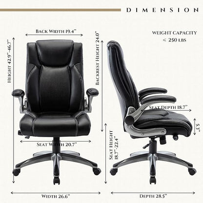 Executive Leather Office Chair, Ergonomic Office Chair with Adjustable Lumbar Support,High Back Computer Desk Chair, Flip-up Arms, Swivel Rolling Home Office Work Chair for Adults, Men, Women (Black)