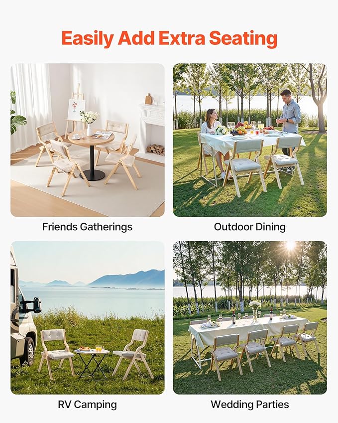 VEVOR Wooden Folding Chairs with Cushion, Set of 2, Portable Foldable Cushion Chair with Wooden Frame, Modern Padded Dining Chair for Kitchen, Office, Wedding, Party, Dining Room, Easy Assembly, Beige