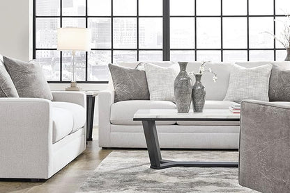 Signature Design by Ashley Maitelynn Contemporary Loveseat with Accent Pillows, Reversible Cushions and Sloped Arms, Light Gray
