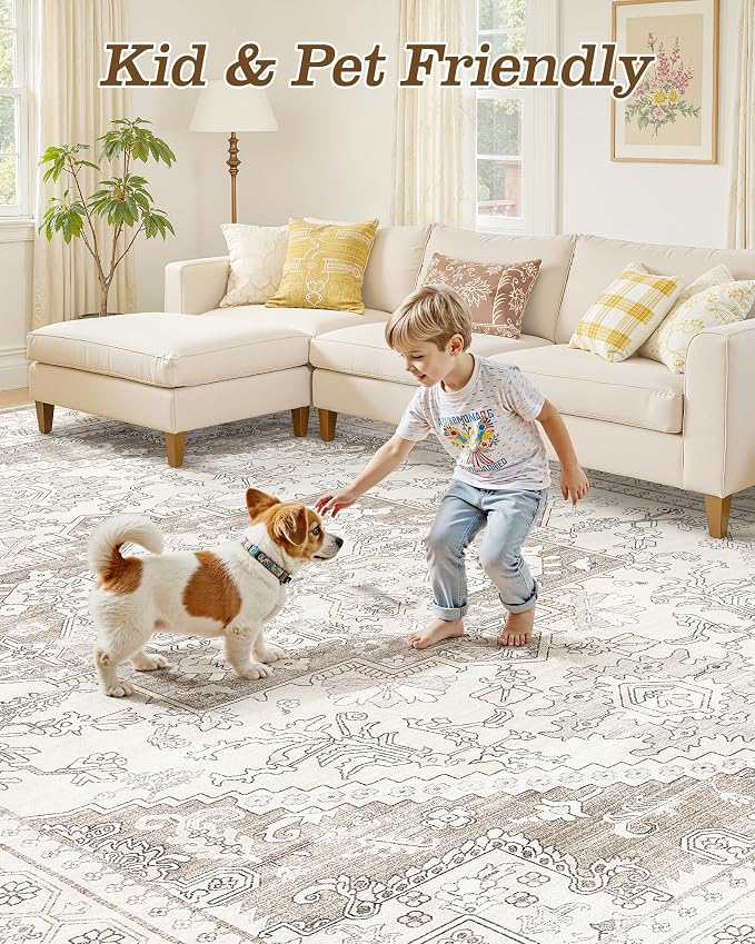 6x9 Vintage Area Rug: Washable Neutral Soft Non Slip Thin Large Floor Carpet
