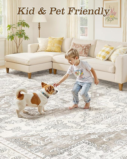 6x9 Vintage Area Rug: Washable Neutral Soft Non Slip Thin Large Floor Carpet