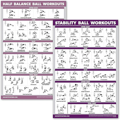 2 Pack: Half Balance Ball Workout Poster + Yoga Ball Exercise Chart - Set of 2 Workout Posters