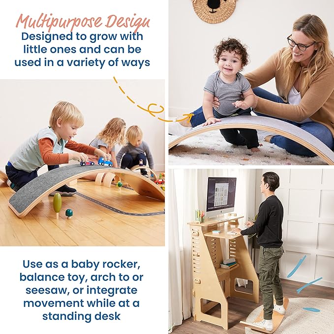 ECR4Kids Wooden Rocking Balance Board with Non-Slip Felt Base, Montessori Toy, Grey