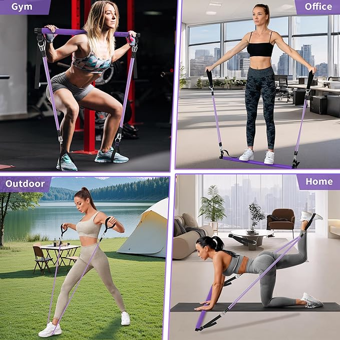 Goocrun Portable Pilates Bar Kit with Resistance Bands for Men and Women - 3 Set Exercise Resistance Bands - Multifunctional Home Gym - Supports Full-Body Workouts – with Fitness Poster and Video