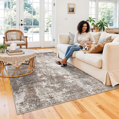 5x7 Washable Living Room Rug – Modern Neutral Abstract Area Rug