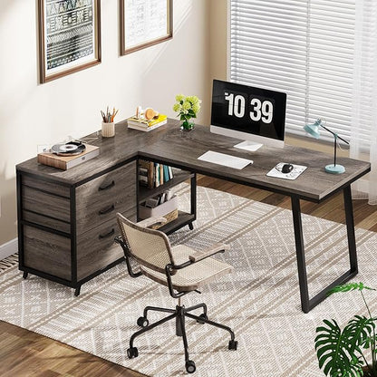 Tribesigns L-Shaped Desk with 3 Drawers, Reversible Corner Home Office Computer Desk with Shelves, 53-Inch Industrial PC Desk Study Writing Table Workstation for Small Space, Grey